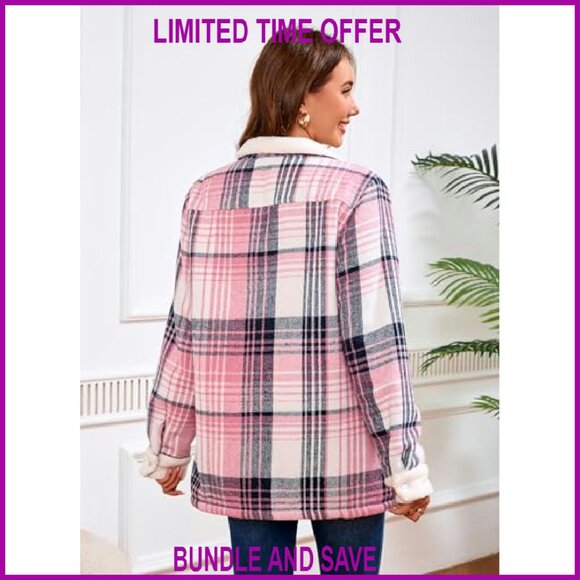 Women's Sherpa Lined Fleece Jacket Full Zip Plaid Flannel Casual - Picture 3 of 8